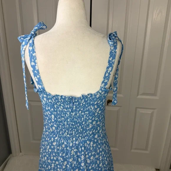Reformation Blue Floral Tie Strap Midi Dress Size 8 Smocked Back Viscose - Picture 13 of 14